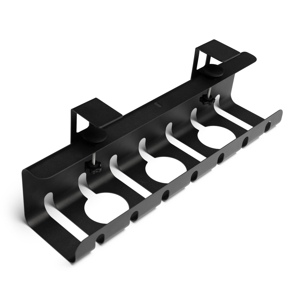 Black metal cable organizer with clamps on a white background