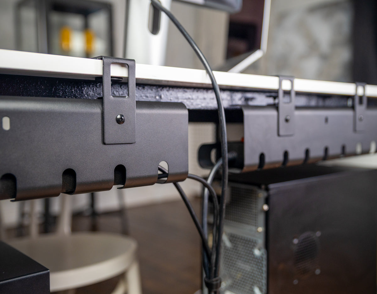 Heavy duty steel cable management tray holding large power strip