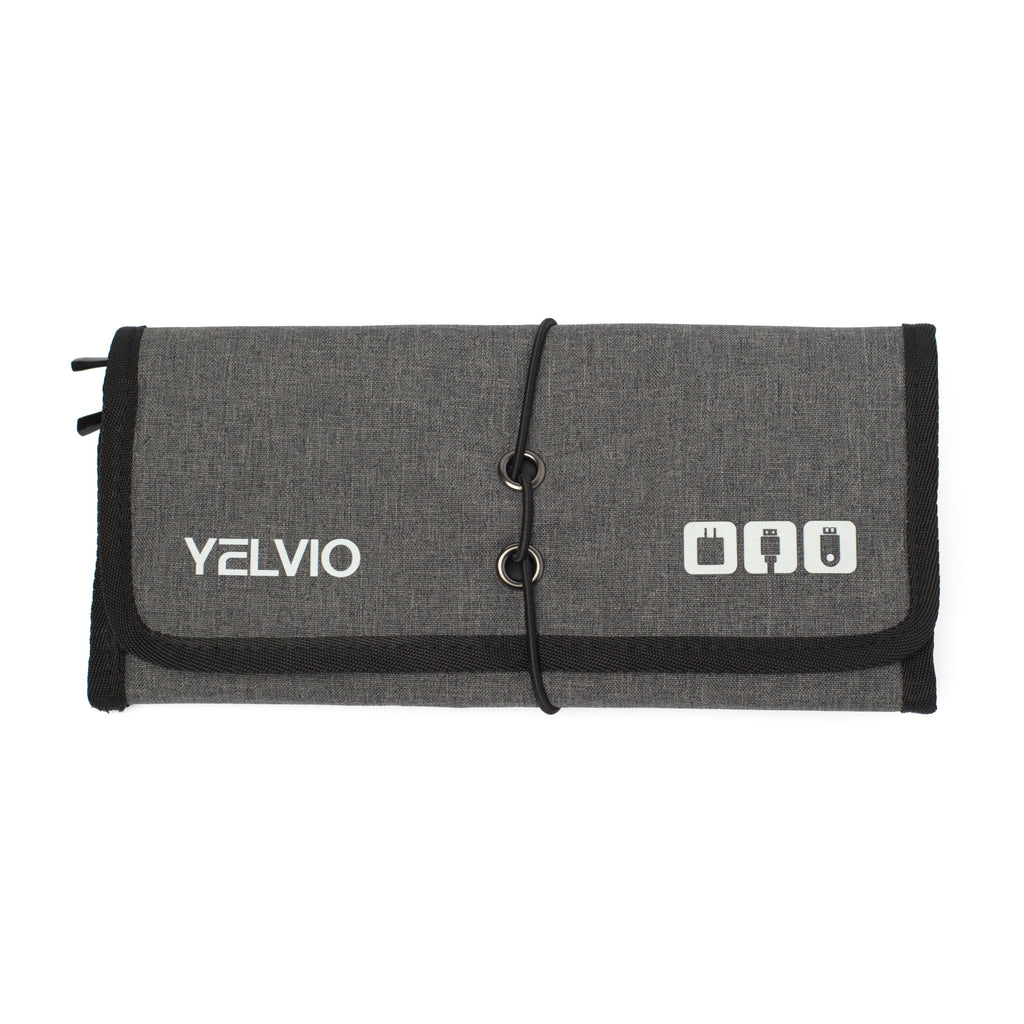 Gray roll-up pouch with Yelvio branding on a white background