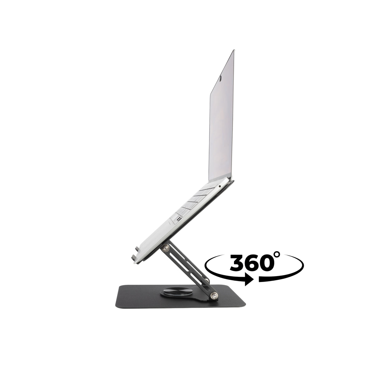 Laptop on a stand with a 360-degree rotation feature on a white background