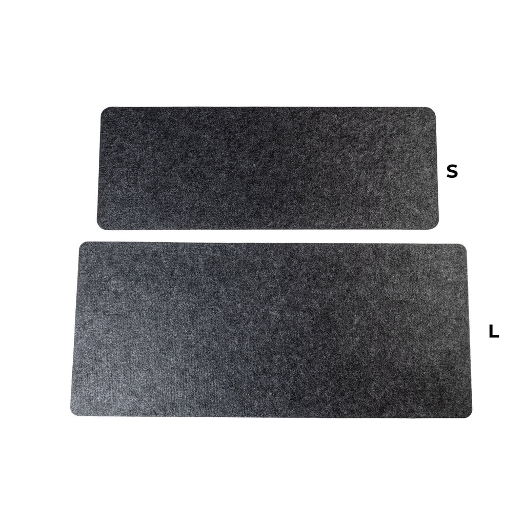 Two rectangular black mats labeled 'S' and 'L' on a white background