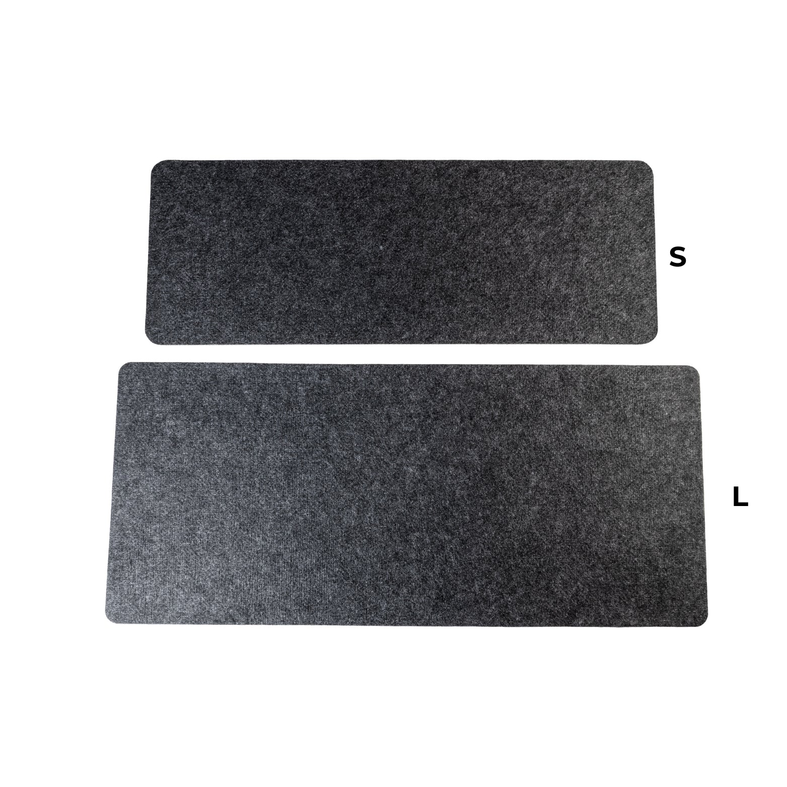 Two rectangular black mats labeled 'S' and 'L' on a white background