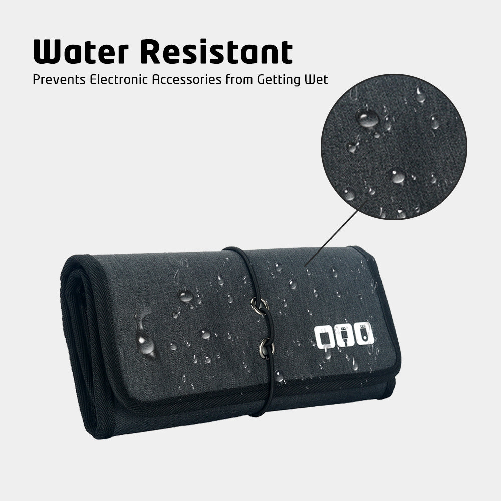 Black water-resistant pouch with droplets on a white background
