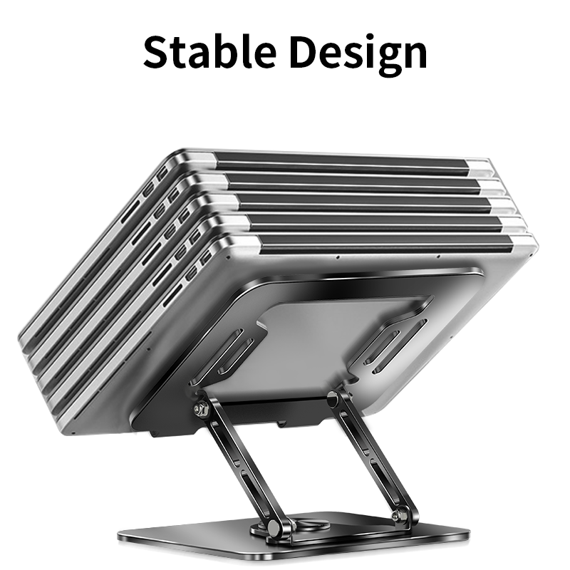 Laptop stand holding multiple laptops with 'Stable Design' text above