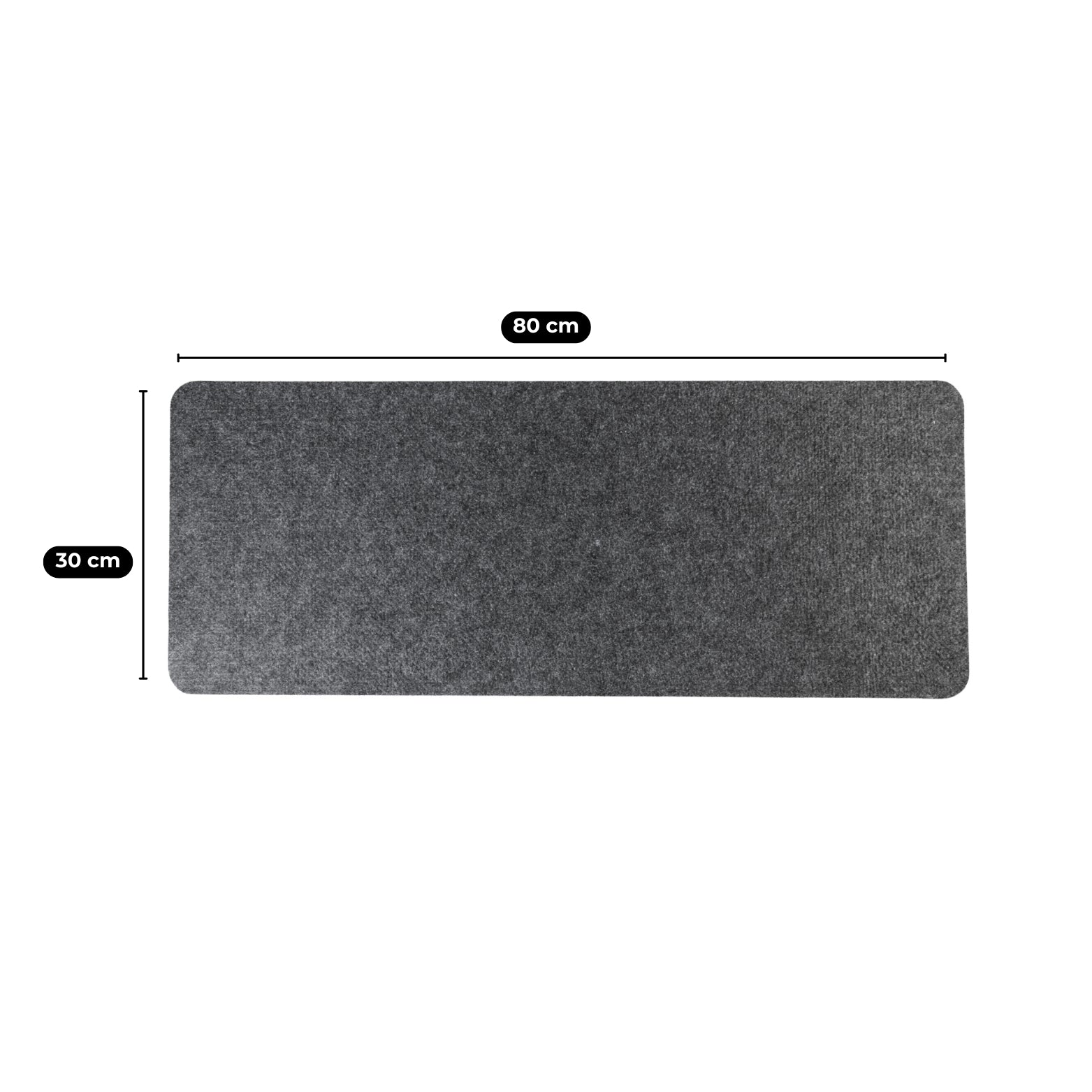 Gray rectangular mat with dimensions 80 cm x 30 cm on a white background