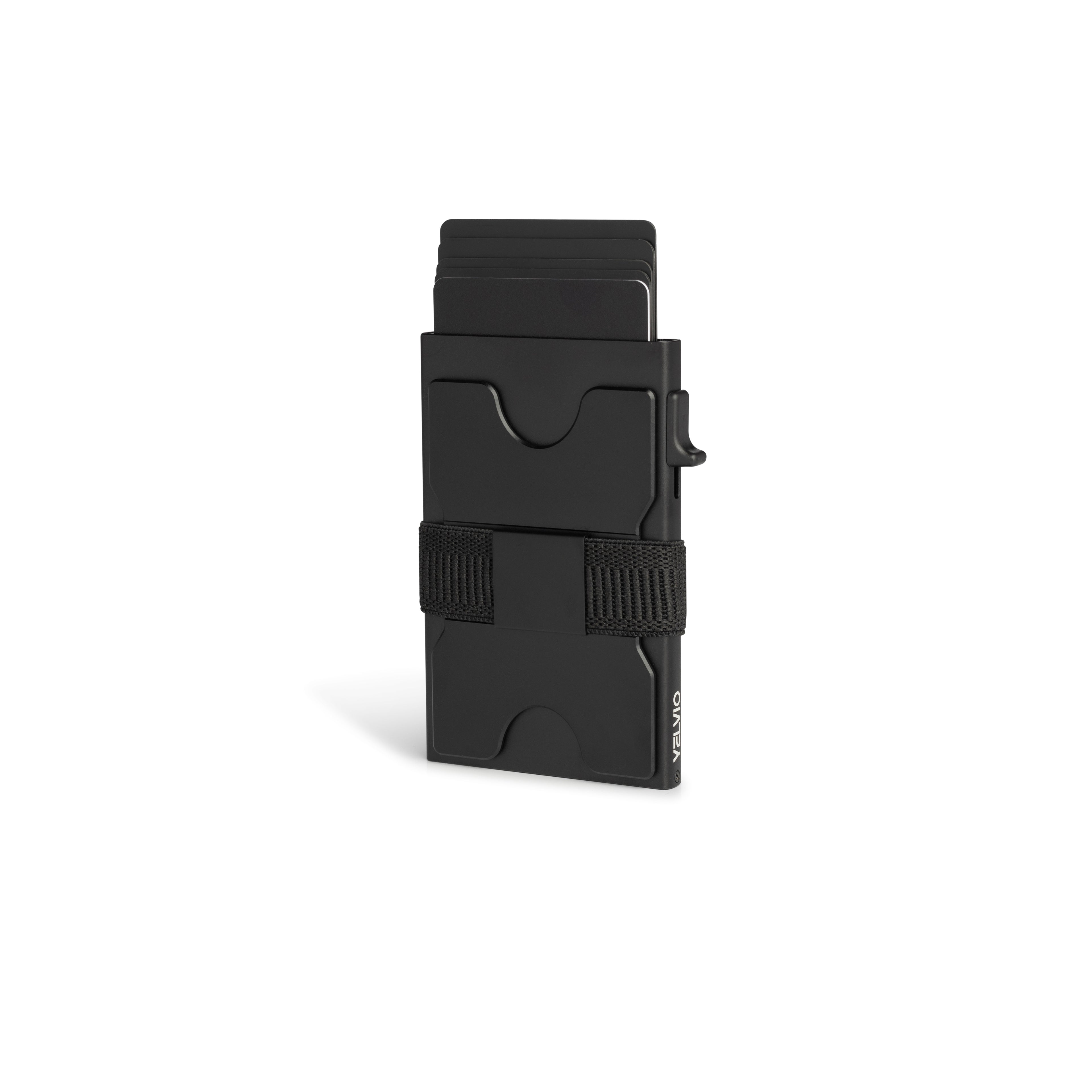 Angled product shot of the Yelvio Vault Strap S1 wallet with multiple cards partially ejected