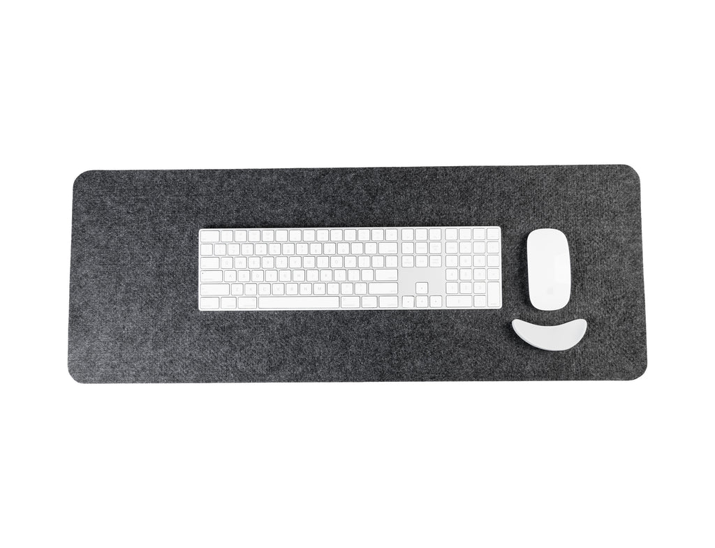 Gray desk mat with keyboard and mouse icon on a white background